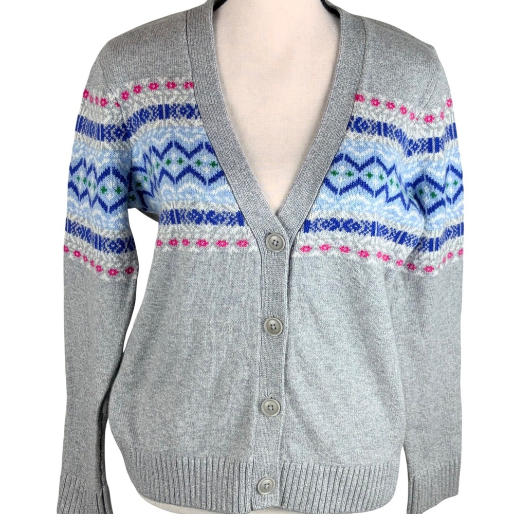 Talbots Gray Fair Isle Petite‎ Small V-Neck Button Front Cardigan Sweater NWT
